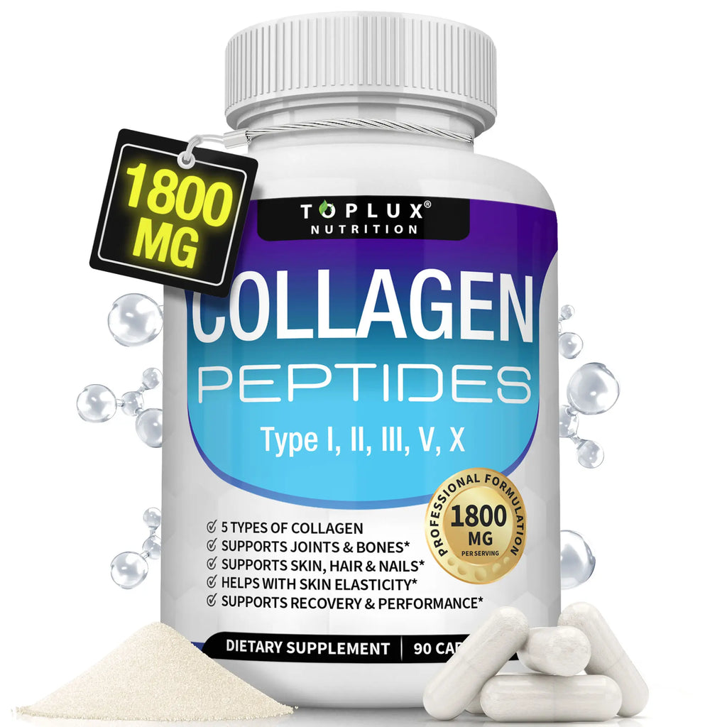 Toplux Nutrition Collagen Peptides | 5 Types Complex 1800Mg Dietary Supplement - 90 Capsules