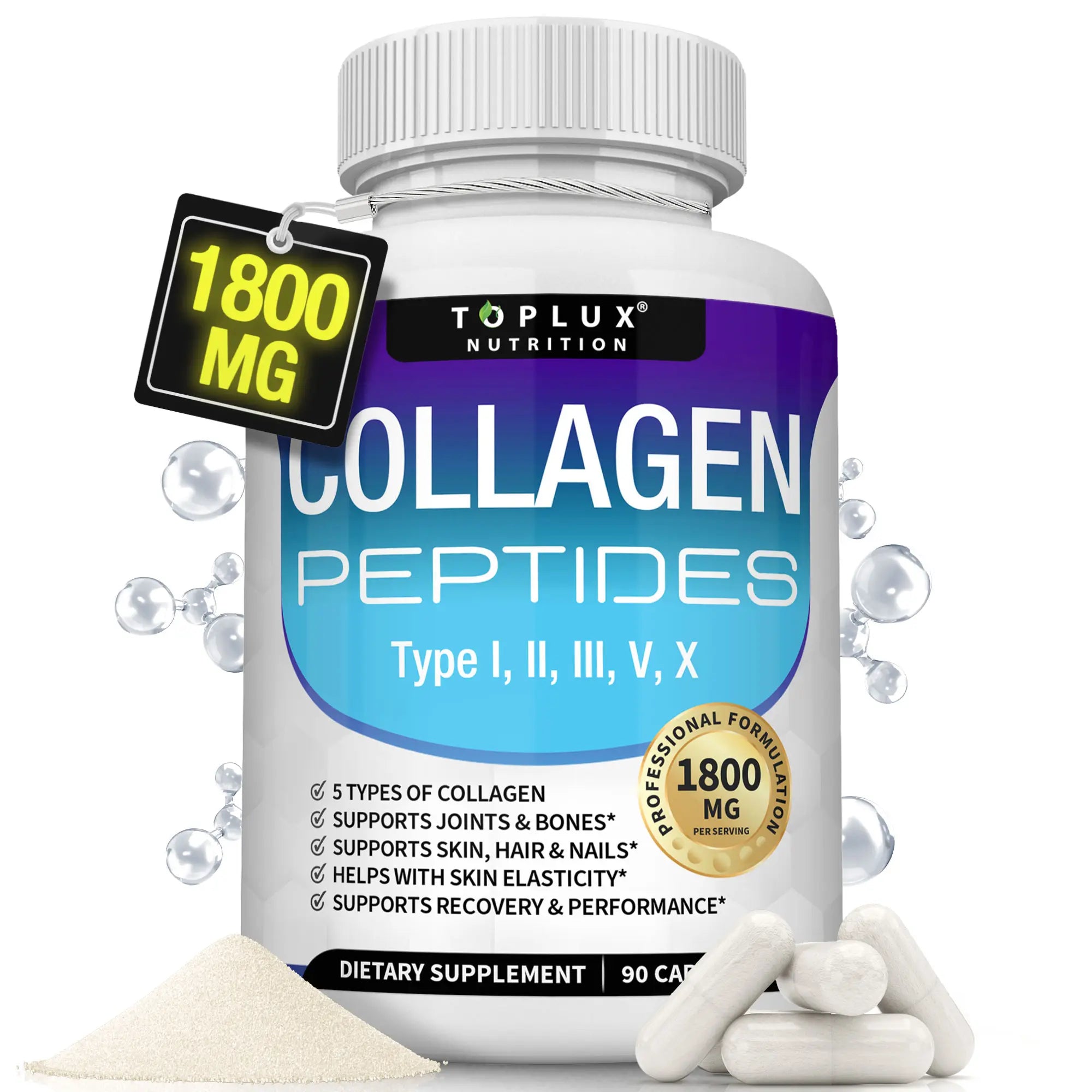 Toplux Nutrition Collagen Peptides | 5 Types Complex 1800Mg Dietary Supplement - 90 Capsules