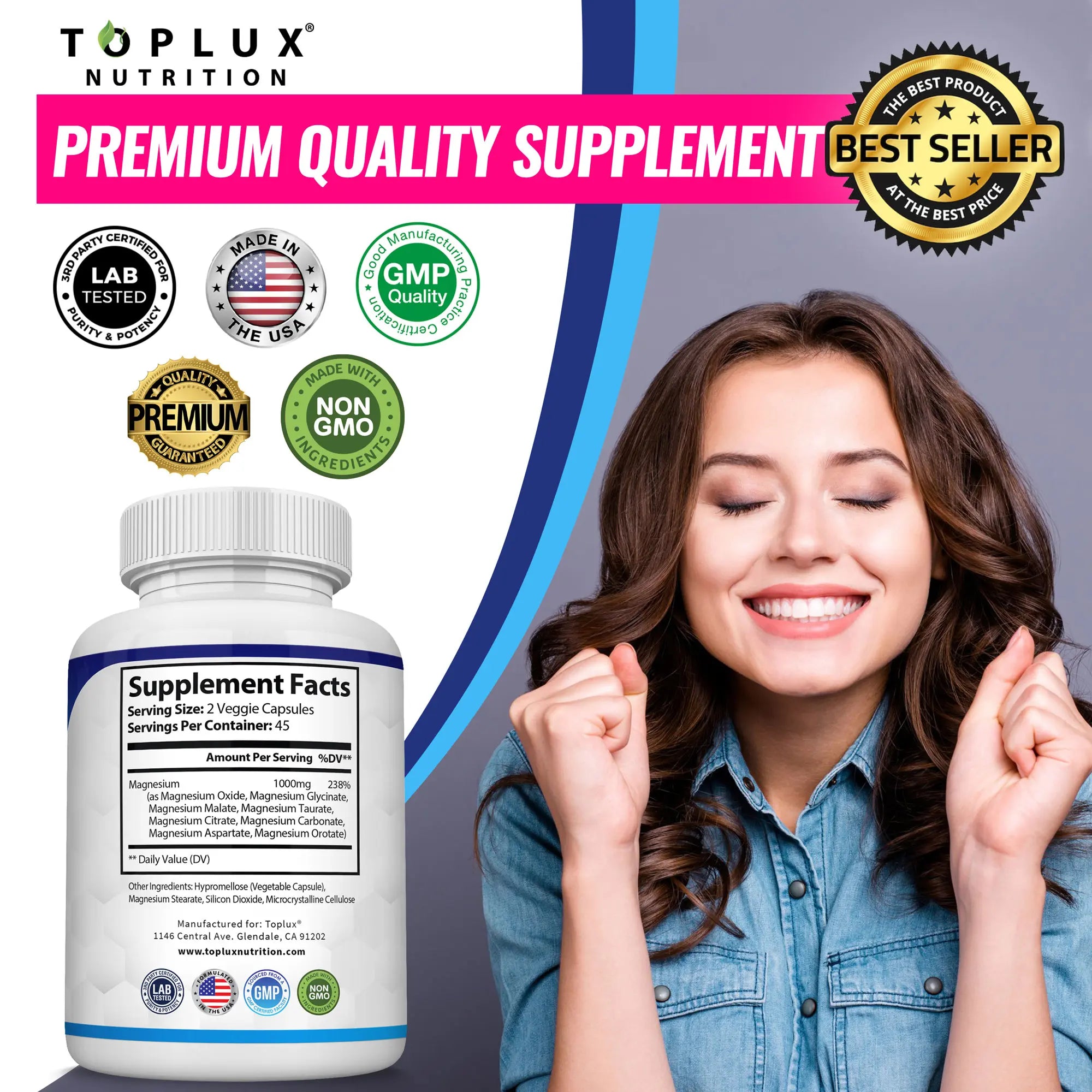 Toplux Magnesium Complex: Essential 1000mg Magnesium Supplement with 8 Key Ingredients