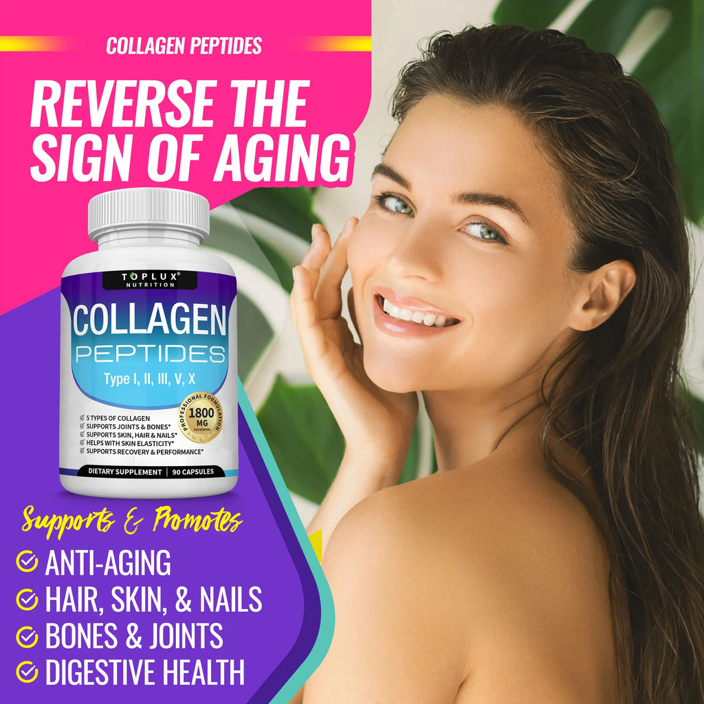 Toplux Nutrition Collagen Peptides | 5 Types Complex 1800Mg Dietary Supplement - 90 Capsules