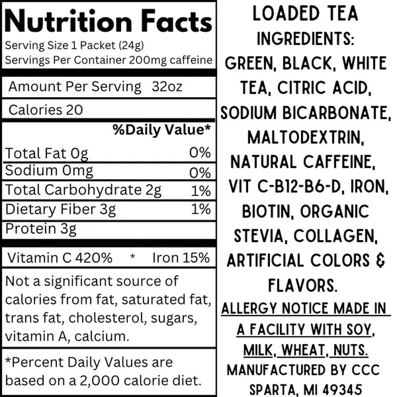 Loaded Tea Single Packet | 32 Oz Caffeinated Flavored Hydration Powder Beverage Mix | Made in the USA | Effortless Mixing