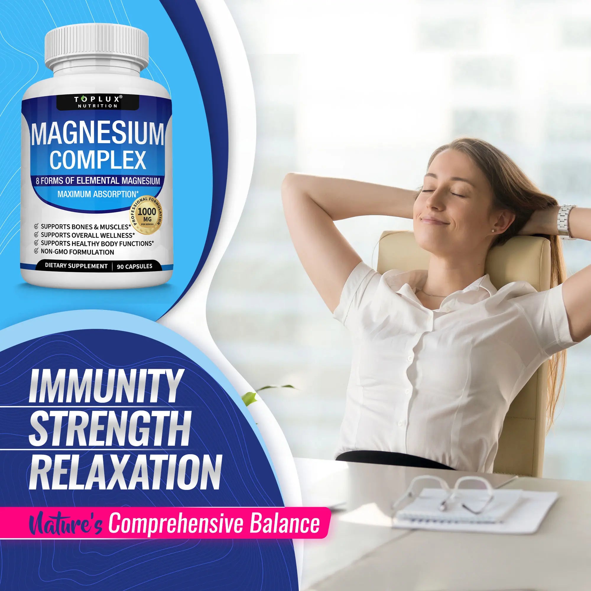 Toplux Magnesium Complex: Essential 1000mg Magnesium Supplement with 8 Key Ingredients