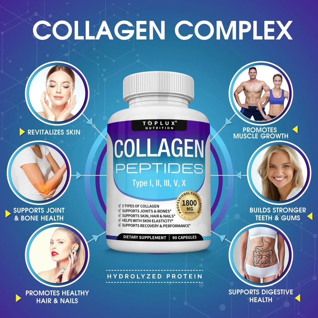 Toplux Nutrition Collagen Peptides | 5 Types Complex 1800Mg Dietary Supplement - 90 Capsules