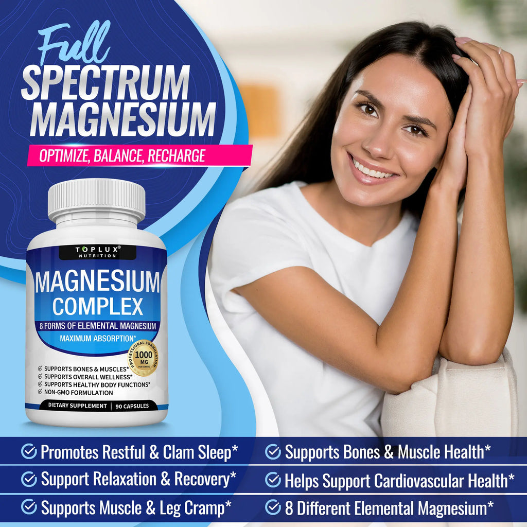 Toplux Magnesium Complex: Essential 1000mg Magnesium Supplement with 8 Key Ingredients