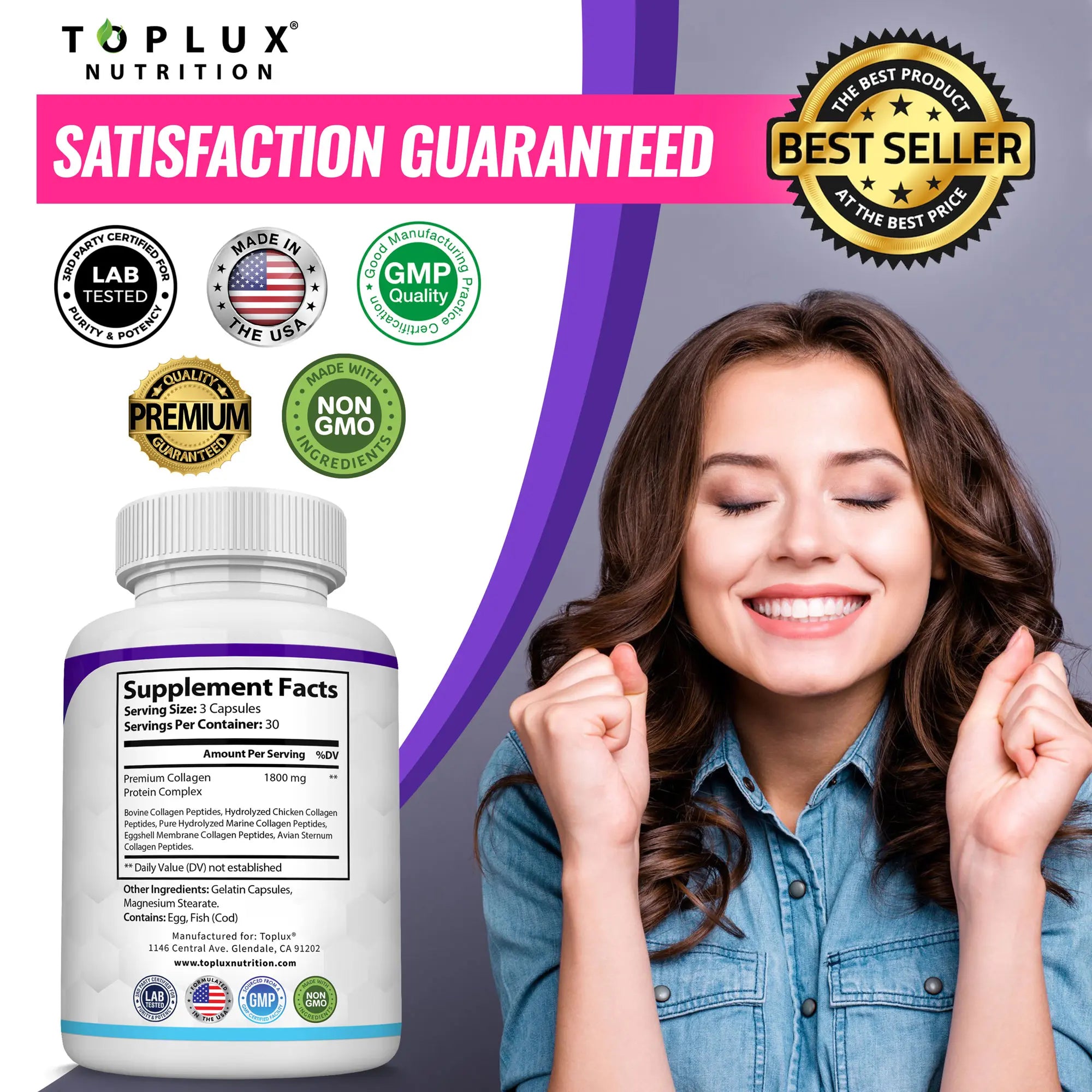 Toplux Nutrition Collagen Peptides | 5 Types Complex 1800Mg Dietary Supplement - 90 Capsules