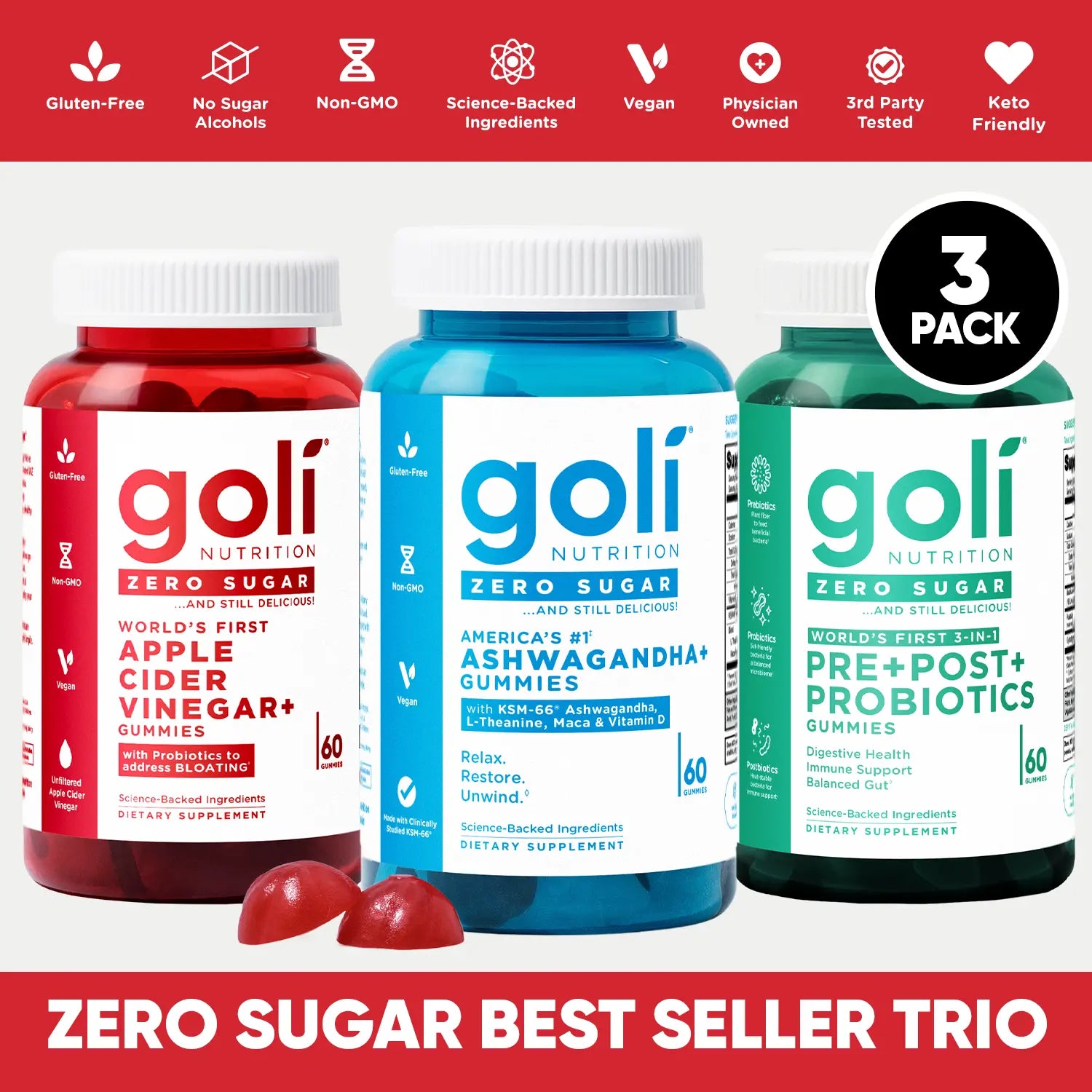 Zero Sugar Best Seller Trio: Innovative 3-in-1 Pre, Post, Probiotic Supplement with Apple Cider Vinegar, Vitamin B12, Probiotics for Bloating Relief, Enhanced with Ashwagandha, L-Theanine, and Vitamin D Gummies - Gluten-Free, Vegan, Non-GMO, and Gelatin-Free.