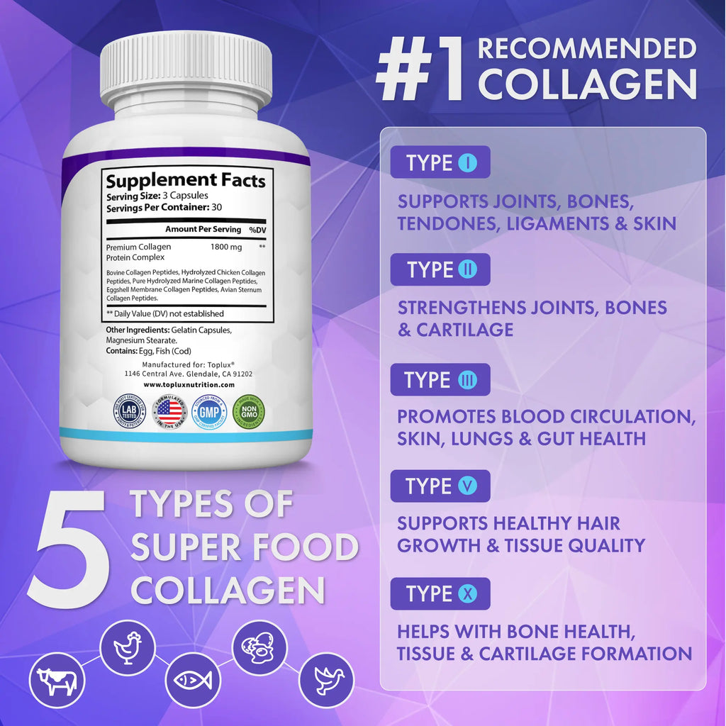 Toplux Nutrition Collagen Peptides | 5 Types Complex 1800Mg Dietary Supplement - 90 Capsules